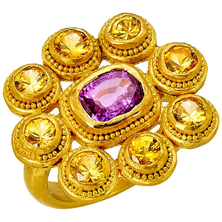 Yellow and Pink Sapphire Cocktail Ring 4 Carat in 22 Karat Gold For Sale