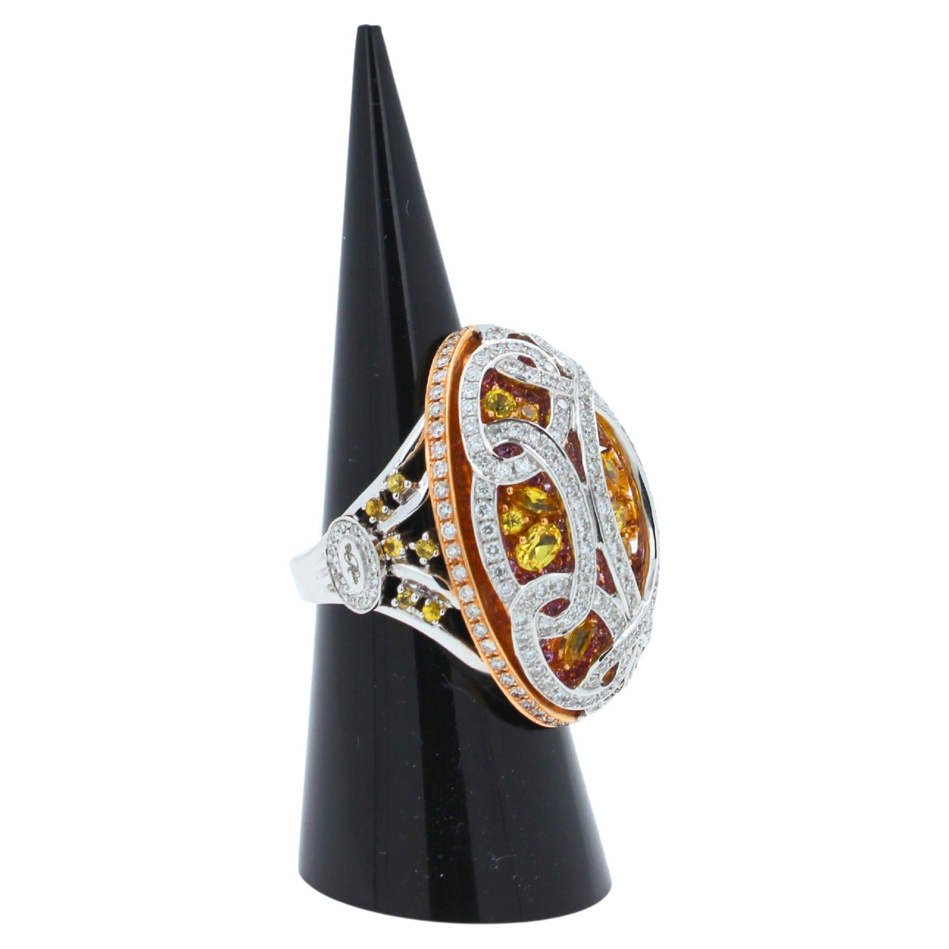 Yellow & Pink Sapphire Diamond Pave Multi Layered Dome 18K White Rose Gold Ring For Sale 3