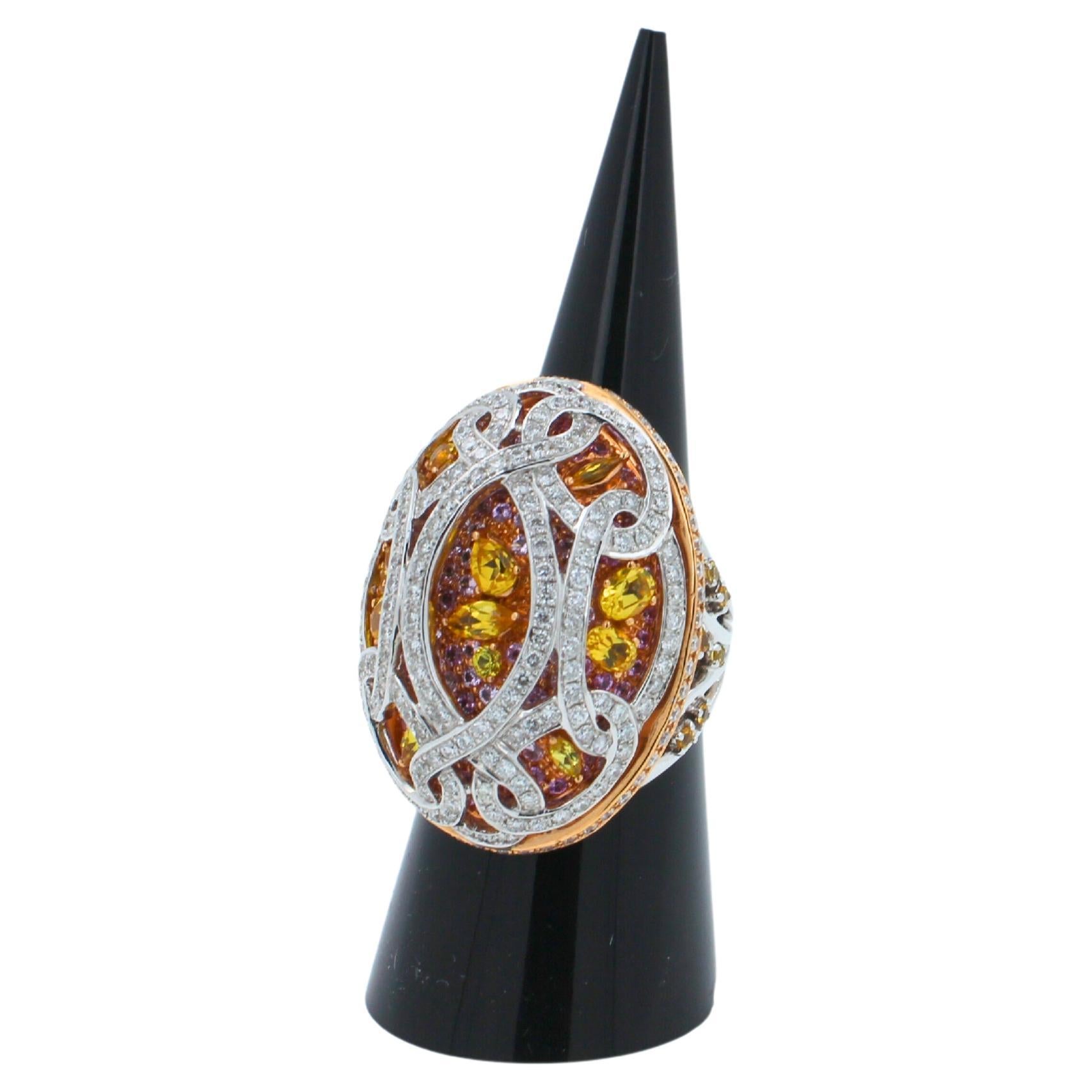 Yellow & Pink Sapphire Diamond Pave Multi Layered Dome 18K White Rose Gold Ring For Sale 4