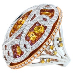 Yellow & Pink Sapphire Diamond Pave Multi Layered Dome 18K White Rose Gold Ring