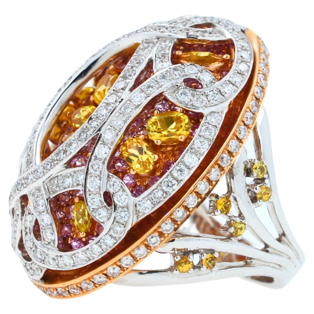 Art Deco Yellow & Pink Sapphire Diamond Pave Multi Layered Dome 18K White Rose Gold Ring For Sale