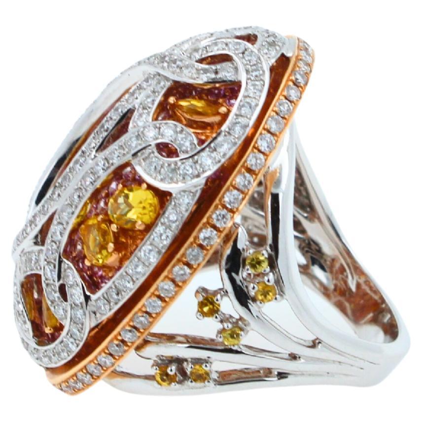 Brilliant Cut Yellow & Pink Sapphire Diamond Pave Multi Layered Dome 18K White Rose Gold Ring For Sale