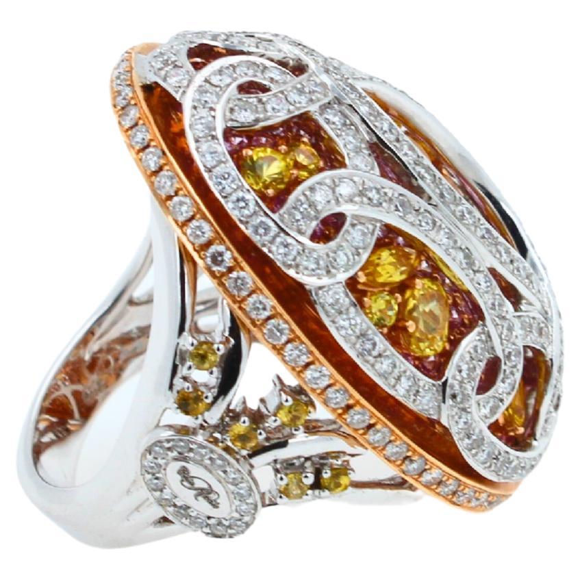 Yellow & Pink Sapphire Diamond Pave Multi Layered Dome 18K White Rose Gold Ring In New Condition For Sale In Oakton, VA