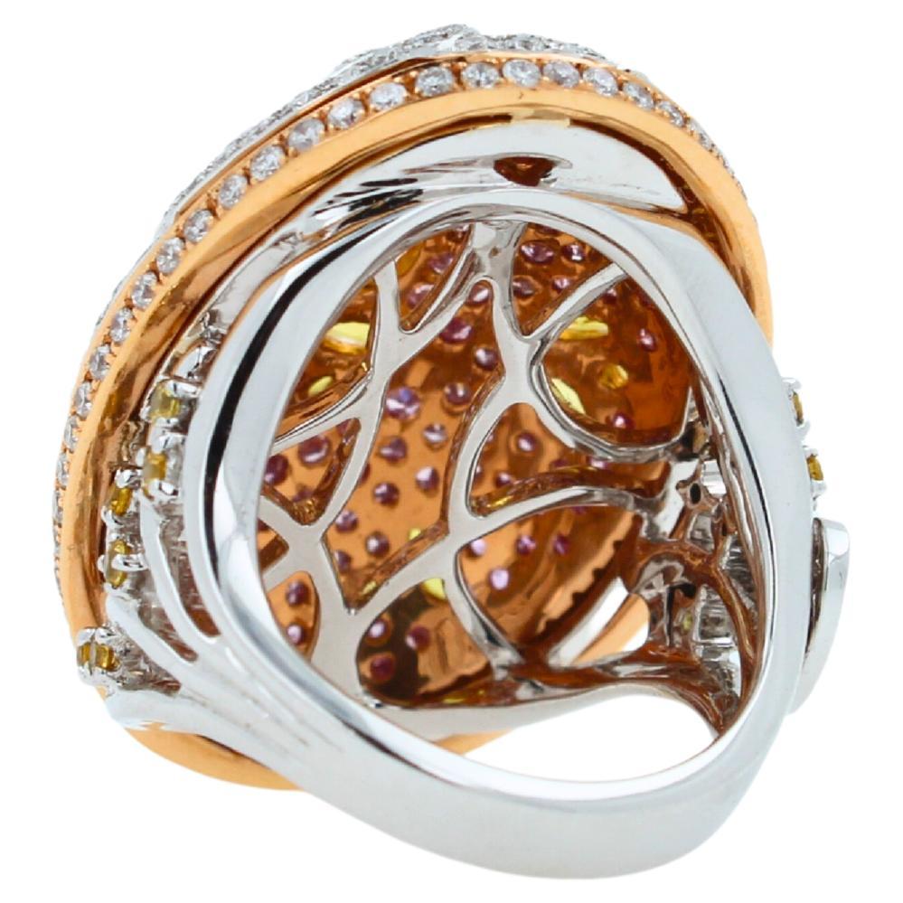 Women's or Men's Yellow & Pink Sapphire Diamond Pave Multi Layered Dome 18K White Rose Gold Ring For Sale