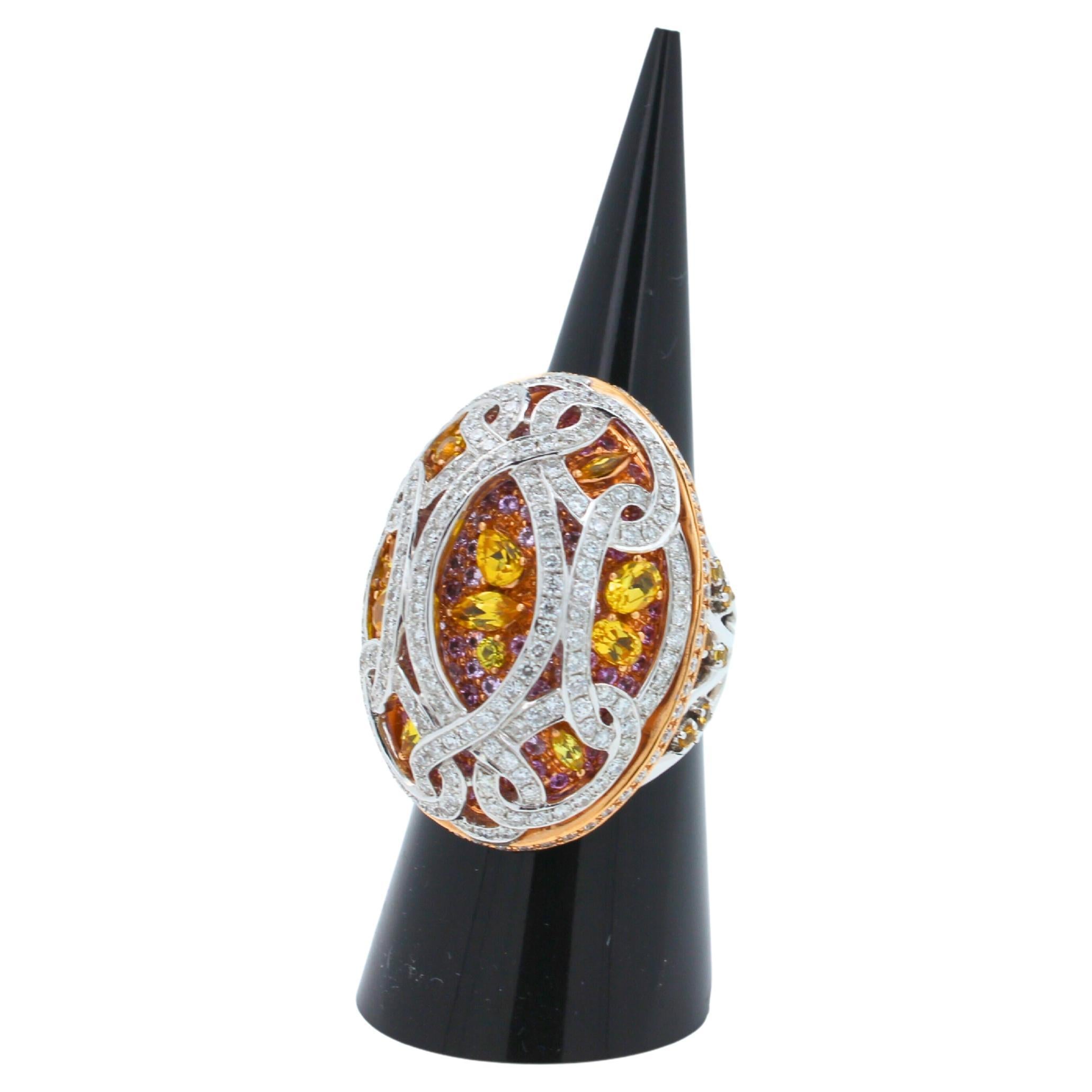Yellow & Pink Sapphire Diamond Pave Multi Layered Dome 18K White Rose Gold Ring For Sale 2