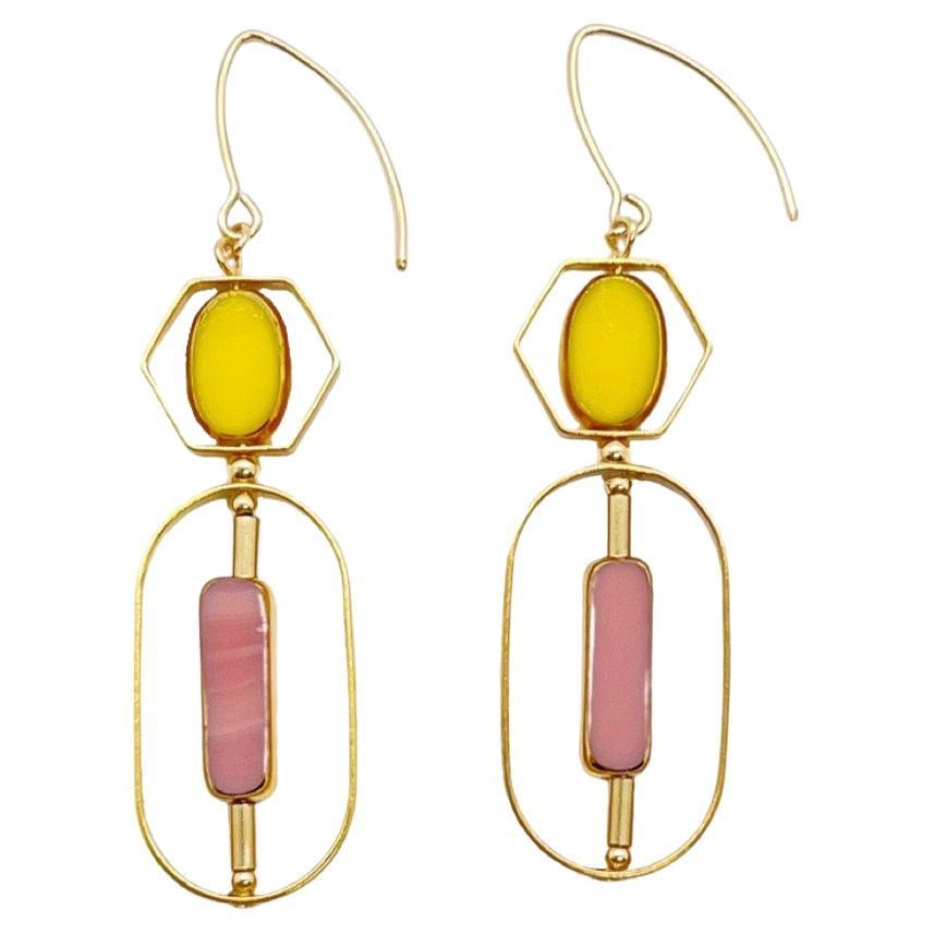 Yellow & Pink Vintage German Glass Beads Art Deco 2304 earrings For Sale