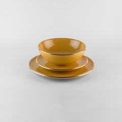 Yellow plates gold rim: Soup, holder, side plate for 4. Handmade in Italy 2024