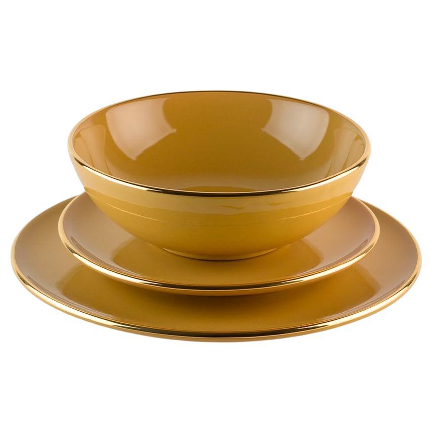 Yellow plates gold rim: Soup, holder, side plate for 4. Handmade in Italy 2024