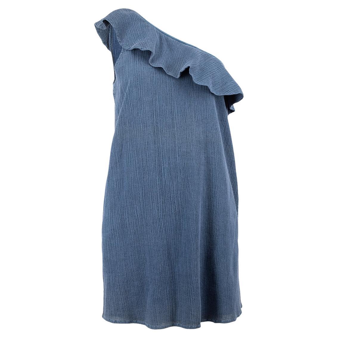 Blue Ruffle Trim One Shoulder Mini Dress Size M For Sale