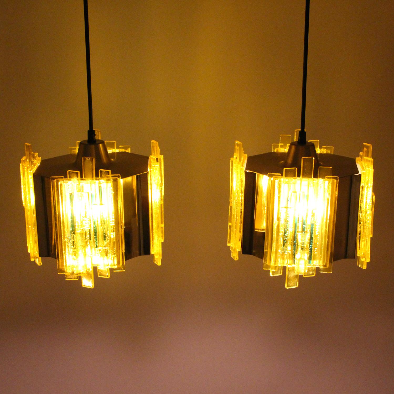 Yellow Plexiglas Pendant Pair by Claus Bolby for CEBO Industry in the 1970s (Ende des 20. Jahrhunderts)