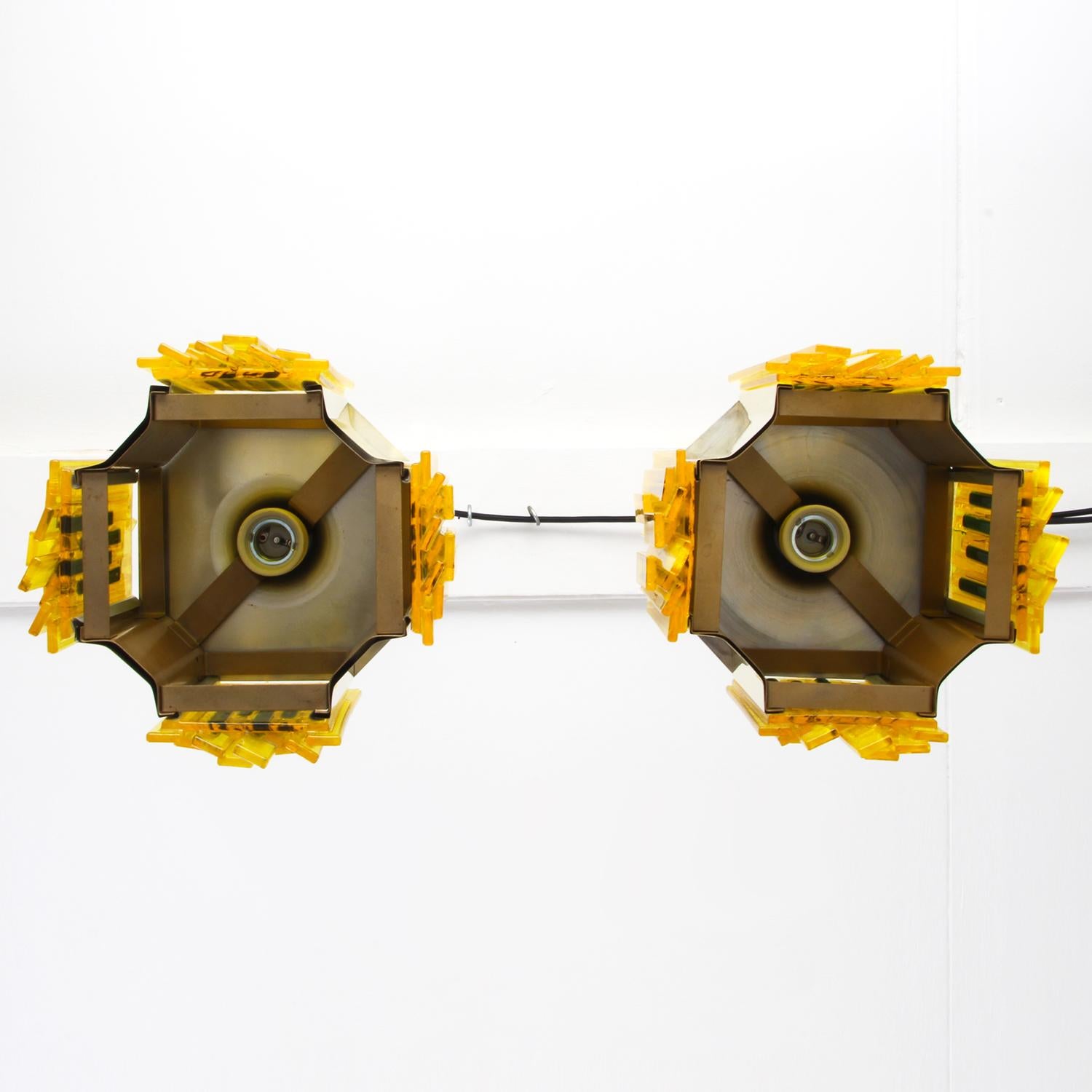 Yellow Plexiglas Pendant Pair by Claus Bolby for CEBO Industry in the 1970s 1