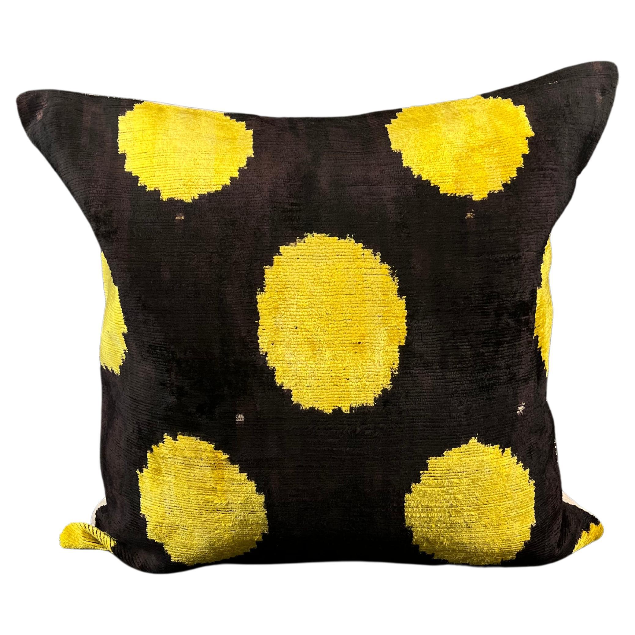 Yellow Polka-Dot Velvet Silk Ikat Pillow Cover For Sale