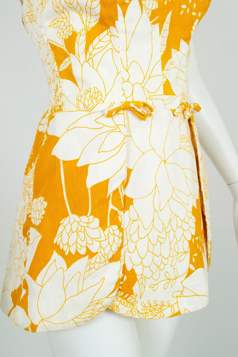 Yellow Polynesian Print Tulip Skirt Swimsuit Play Suit Beach Romper S, 1950s For Sale at 1stDibs