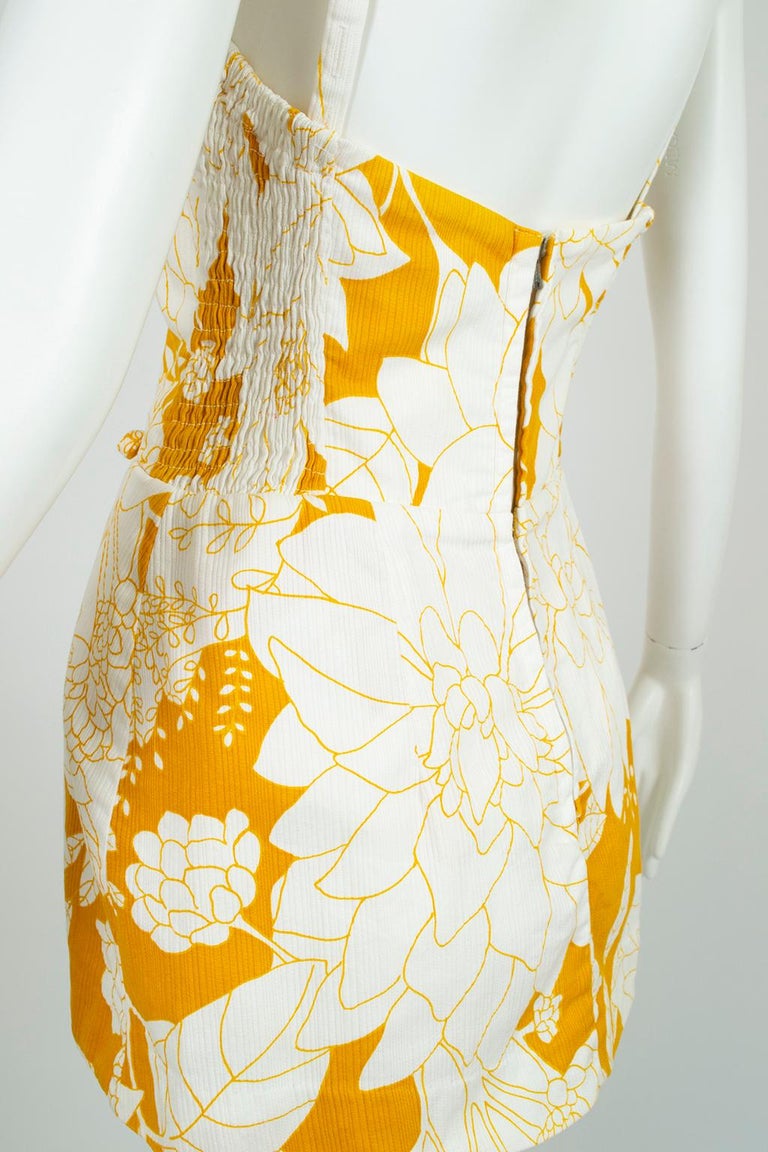 Yellow Polynesian Print Tulip Skirt Swimsuit Play Suit Beach Romper S, 1950s For Sale at 1stDibs