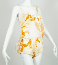 Yellow Polynesian Print Tulip Skirt Swimsuit Play Suit Beach Romper – S, 1950s