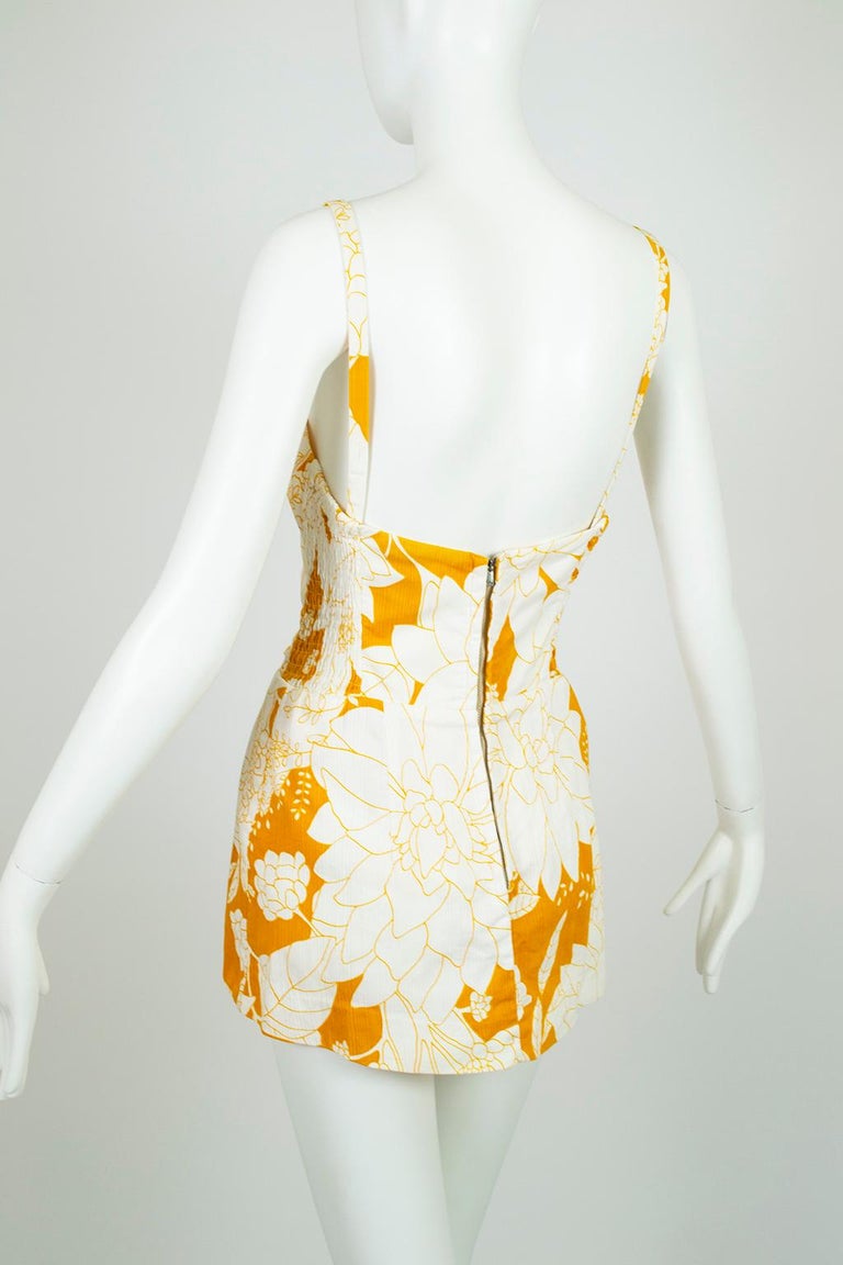 Yellow Polynesian Print Tulip Skirt Swimsuit Play Suit Beach Romper S, 1950s For Sale at 1stDibs