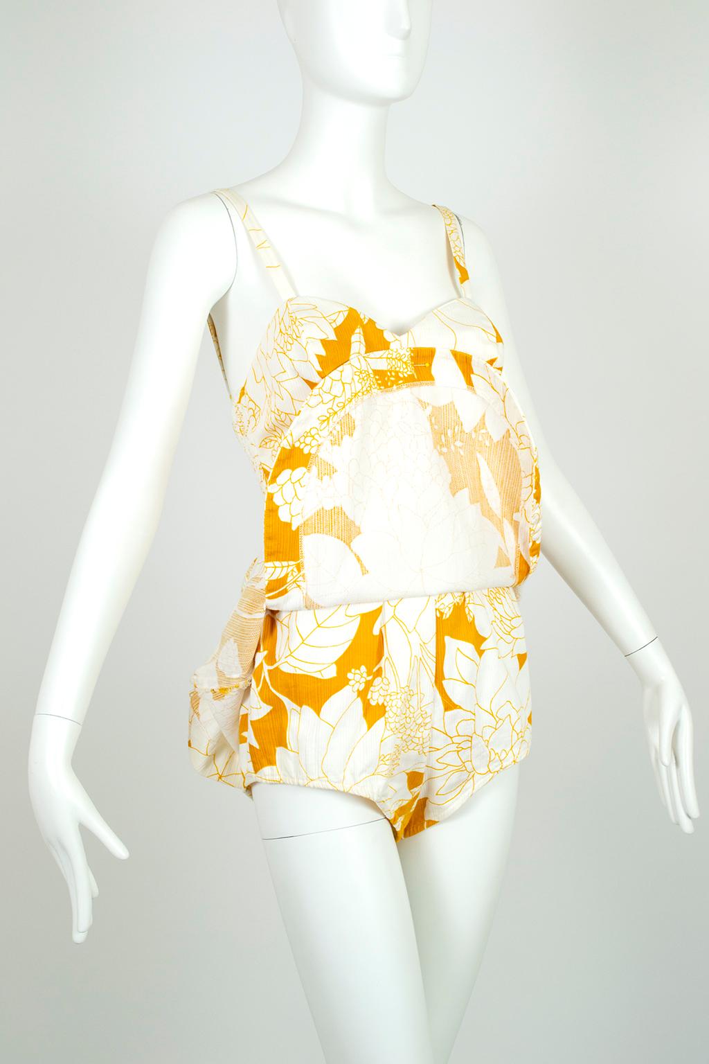 Women's Yellow Polynesian Print Tulip Skirt Swimsuit Play Suit Beach Romper – S, 1950s For Sale