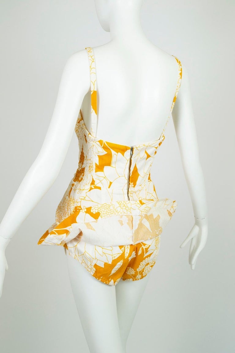 Yellow Polynesian Print Tulip Skirt Swimsuit Play Suit Beach Romper S, 1950s For Sale at 1stDibs