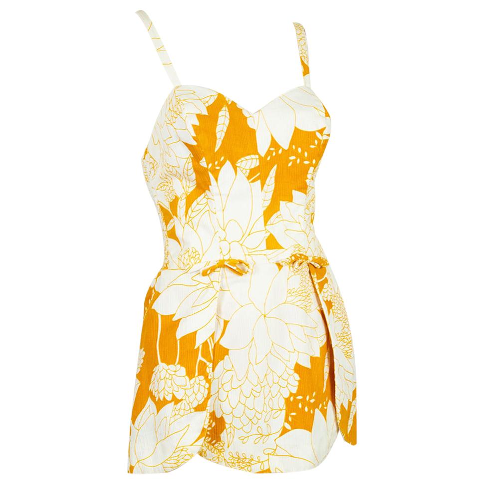 Yellow Polynesian Print Tulip Skirt Swimsuit Play Suit Beach Romper – S, 1950s
