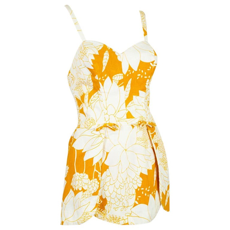 Yellow Polynesian Print Tulip Skirt Swimsuit Play Suit Beach Romper S, 1950s For Sale at 1stDibs