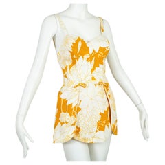 Jupe tulipe jaune imprimé polynésien Maillot de bain Play Suit Beach Romper - S, 1950s