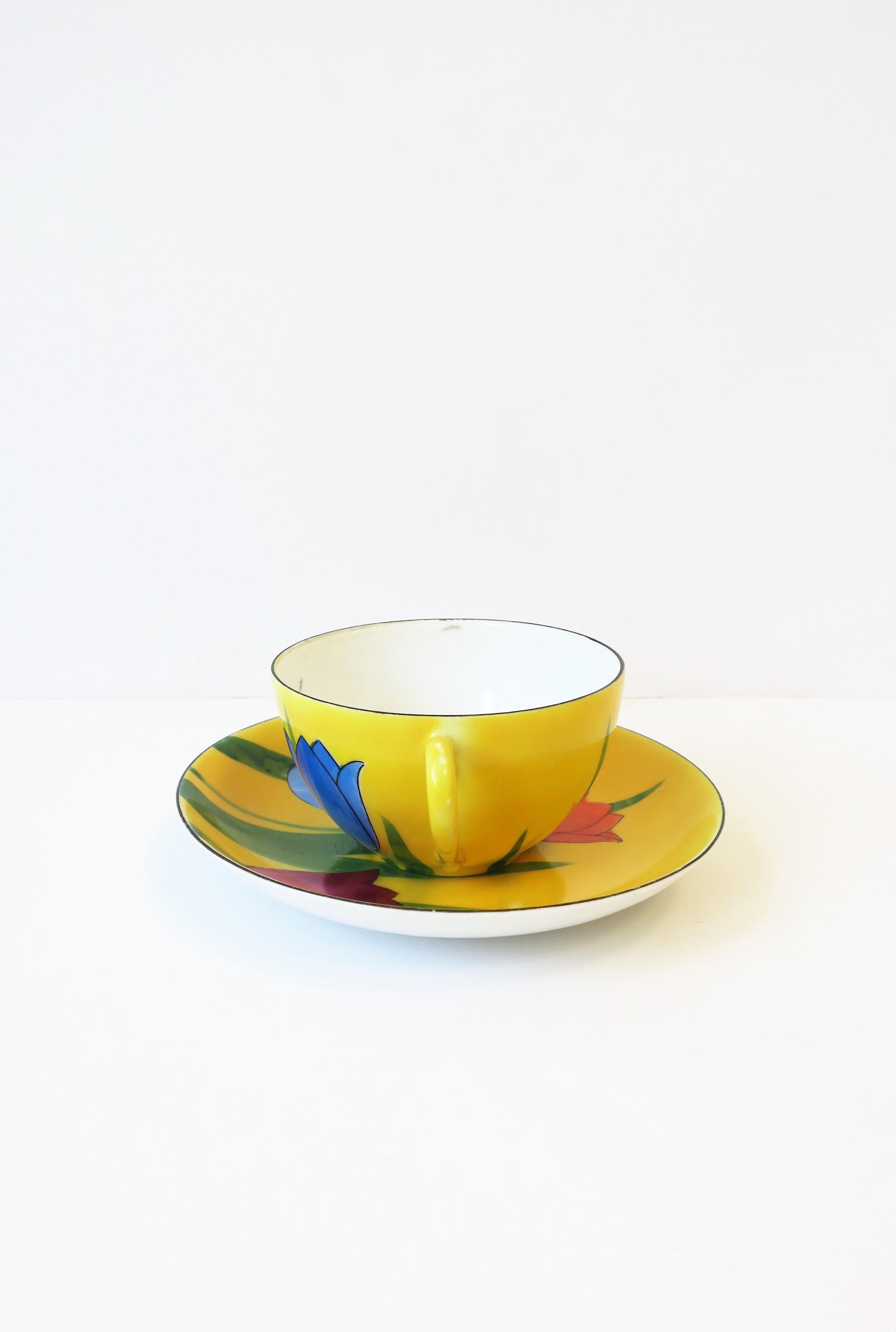 20th Century Yellow Porcelain Coffee or Tea Cup Saucer Set with Tulip Flowers For Sale