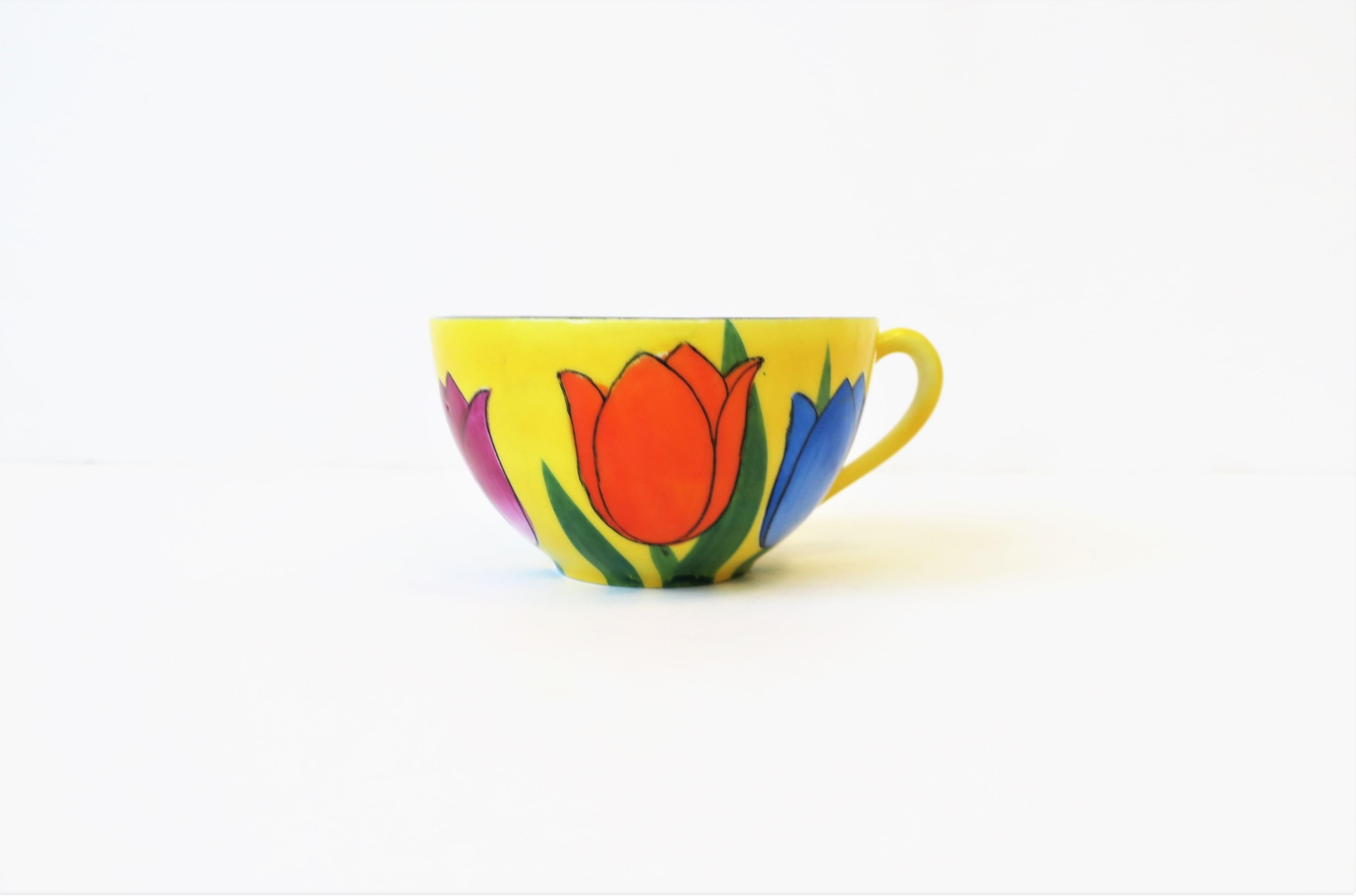 Yellow Porcelain Coffee or Tea Cup Saucer Set with Tulip Flowers For Sale 1