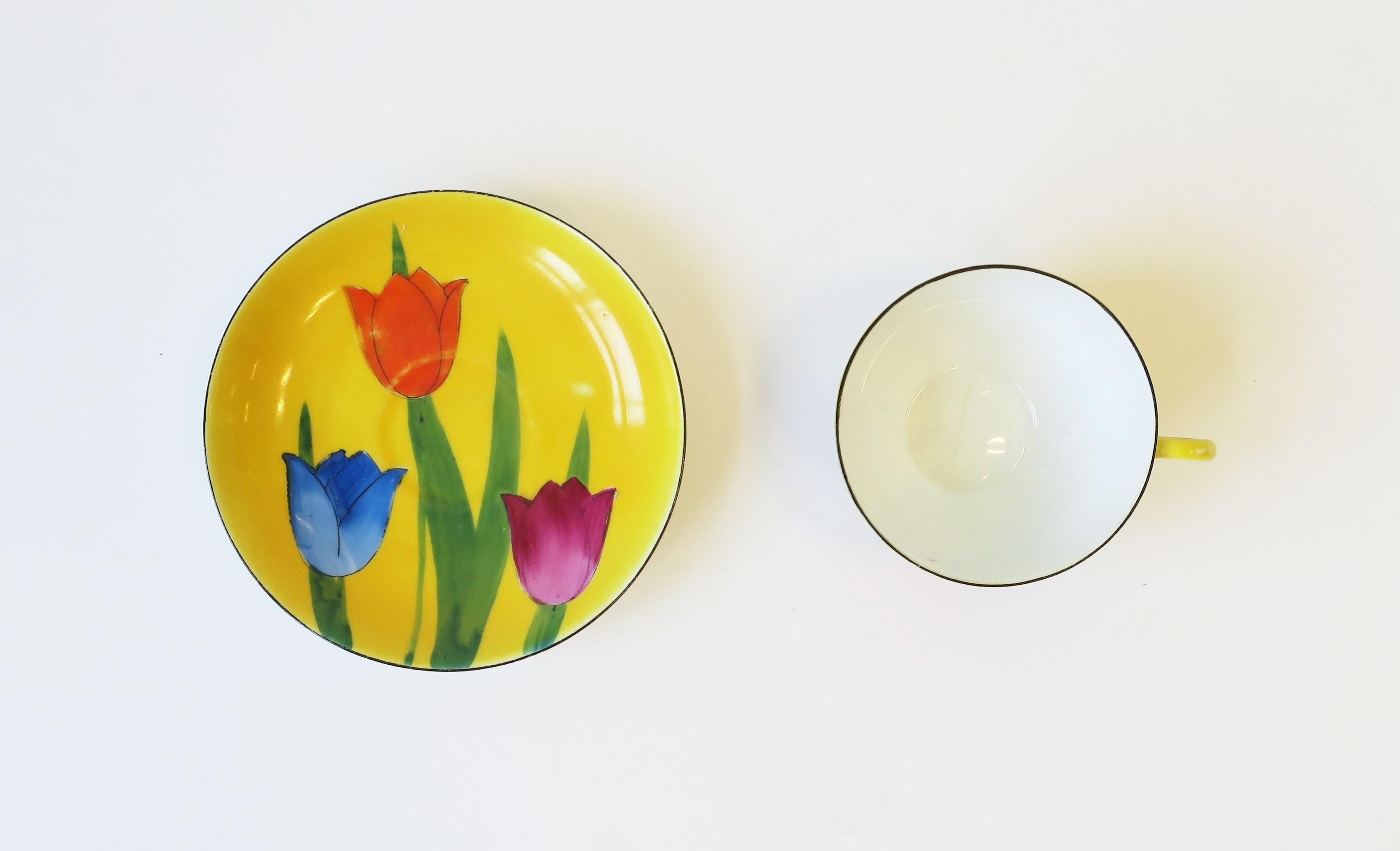 Yellow Porcelain Coffee or Tea Cup Saucer Set with Tulip Flowers For Sale 8