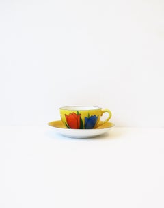 Yellow Porcelain Coffee or Tea Cup Saucer Set with Tulip Flowers