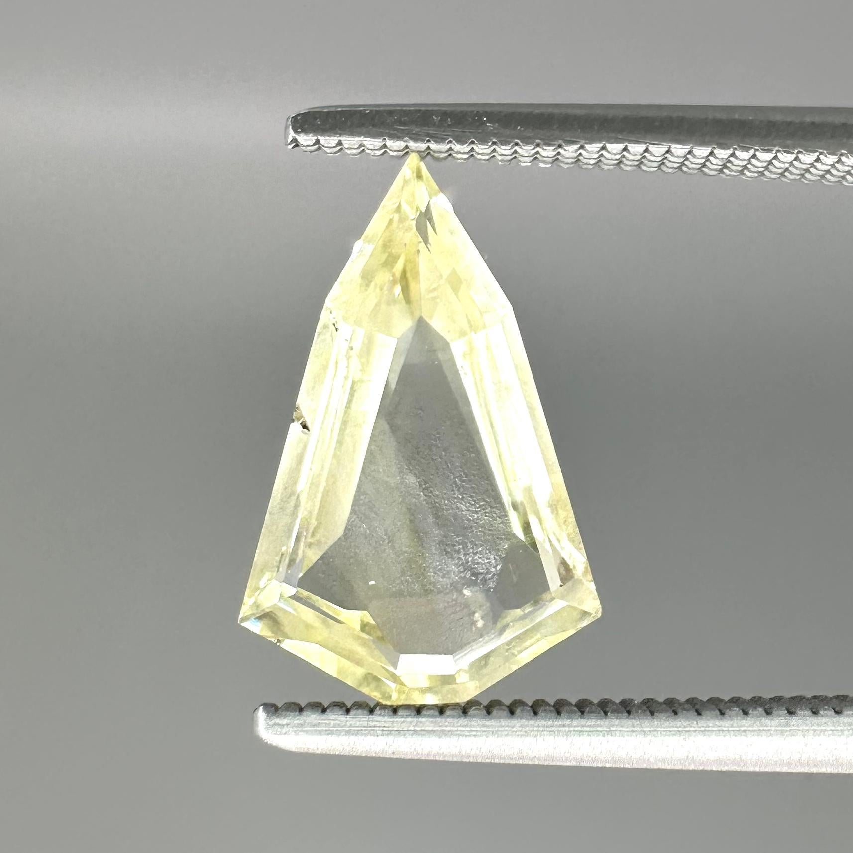 Aegis, named for the shield carried by Zeus and Athena in Greek mythology, is a one-of-a-kind shield-shaped portrait cut yellow sapphire from Sri Lanka. Let its large shape and looking glass center protect you from the boring everyday, and spark
