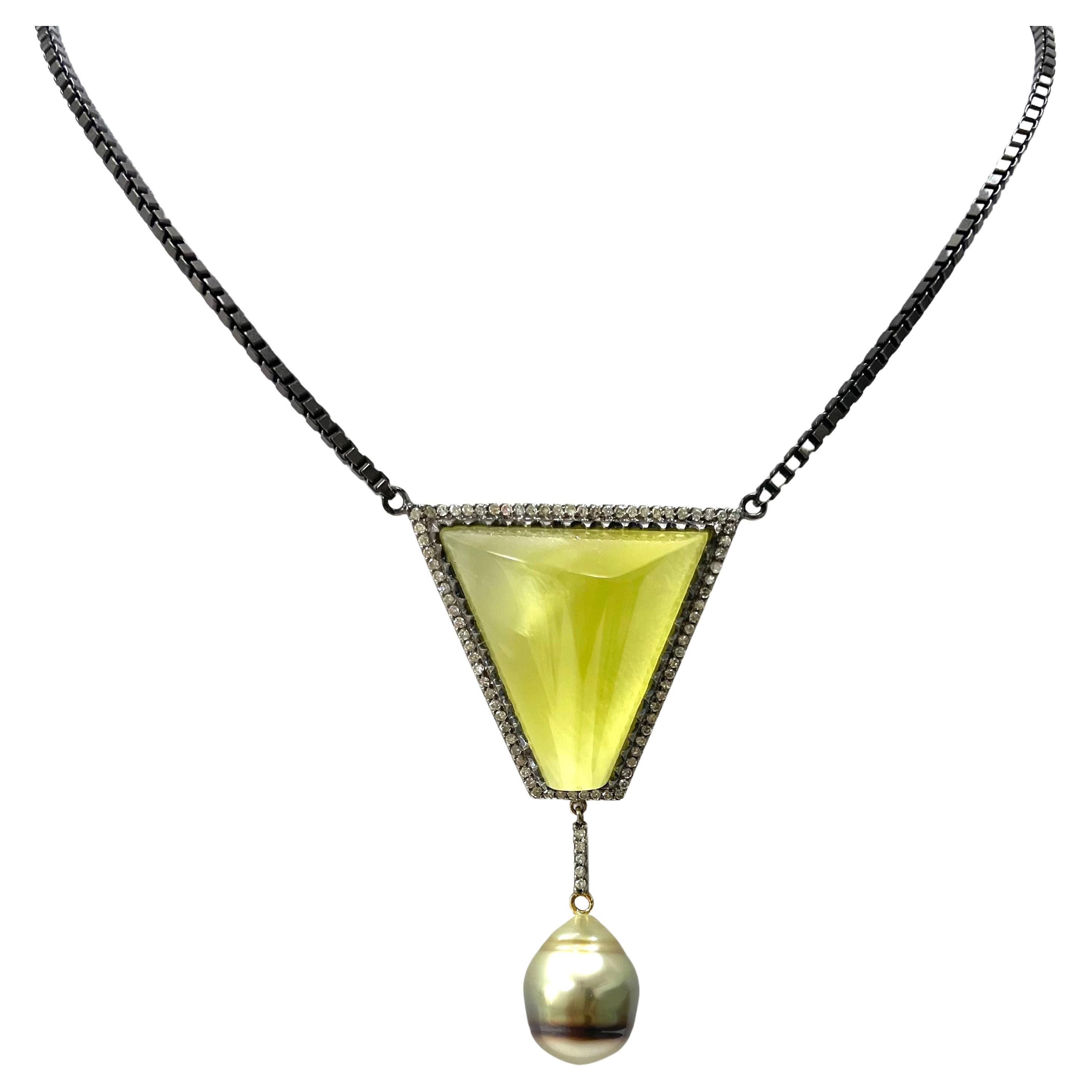 Artisan Yellow Prehnite with Tahitian Pearl and Diamonds Paradizia Necklace For Sale