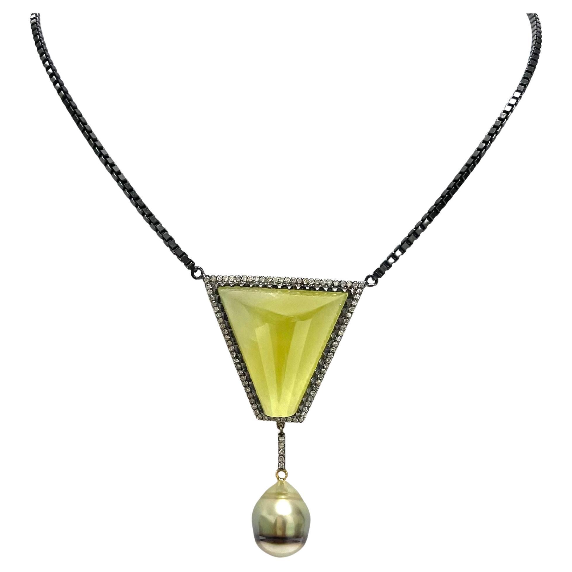 Yellow Prehnite with Tahitian Pearl and Diamonds Paradizia Necklace For Sale