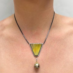 Yellow Prehnite with Tahitian Pearl and Diamonds Paradizia Necklace