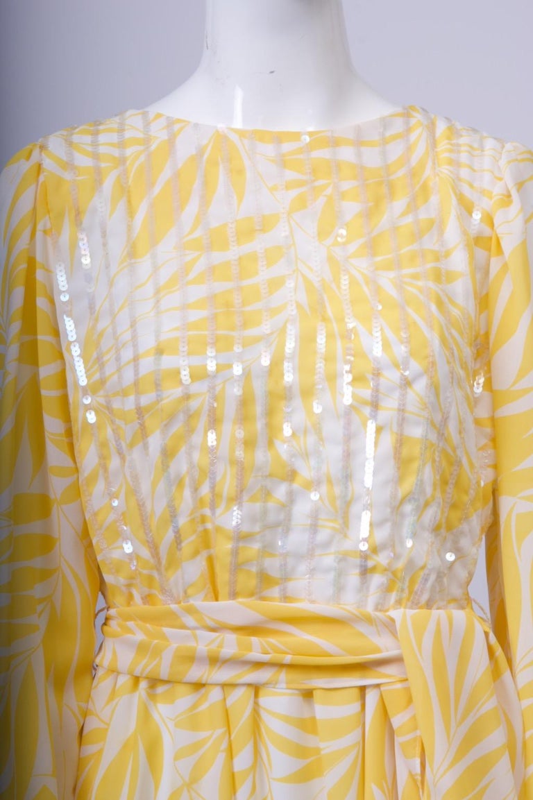 Yellow Print Chiffon Dress with Sequins For Sale at 1stDibs