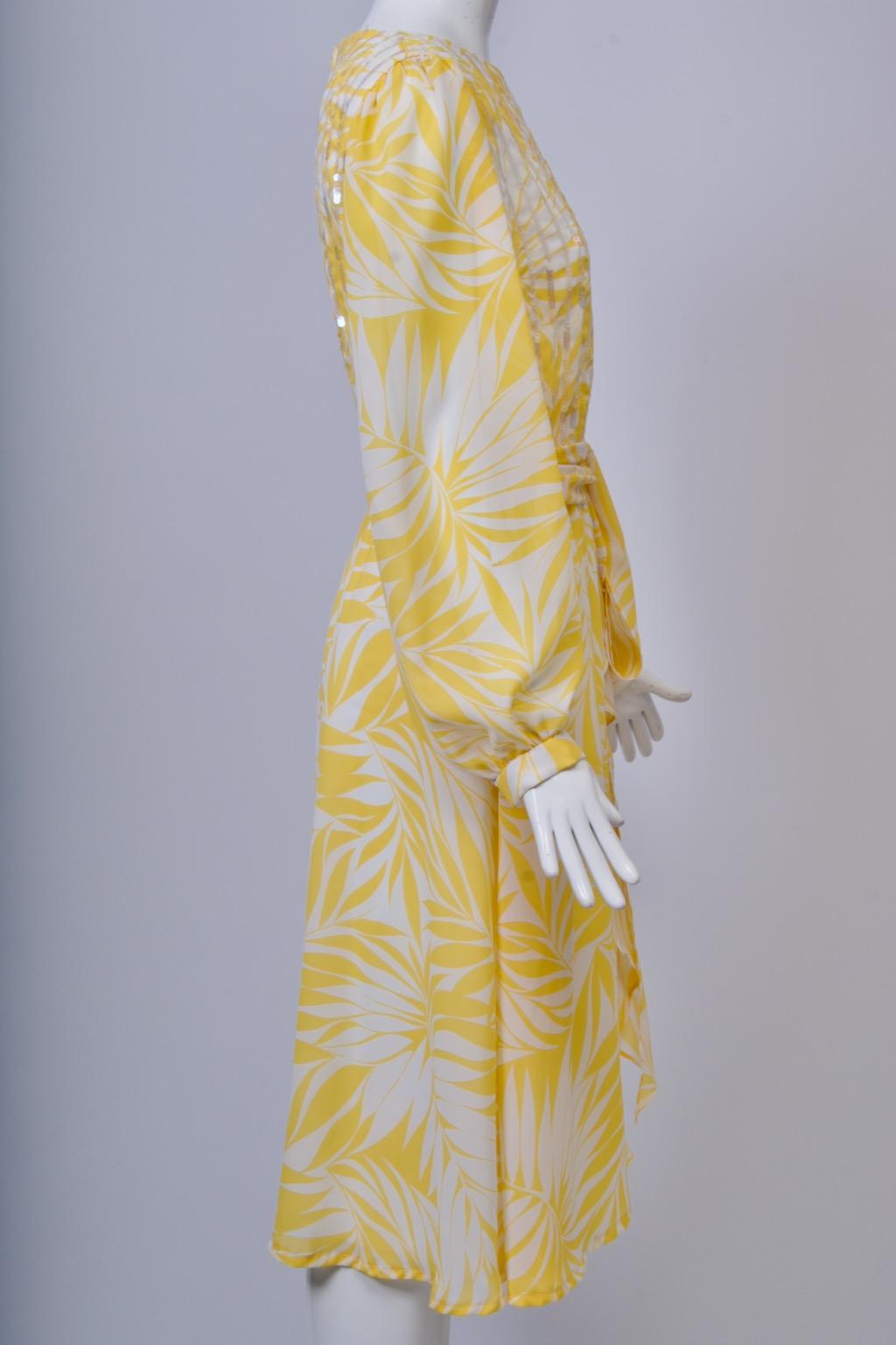 Beige Yellow Print Chiffon Dress with Sequins For Sale