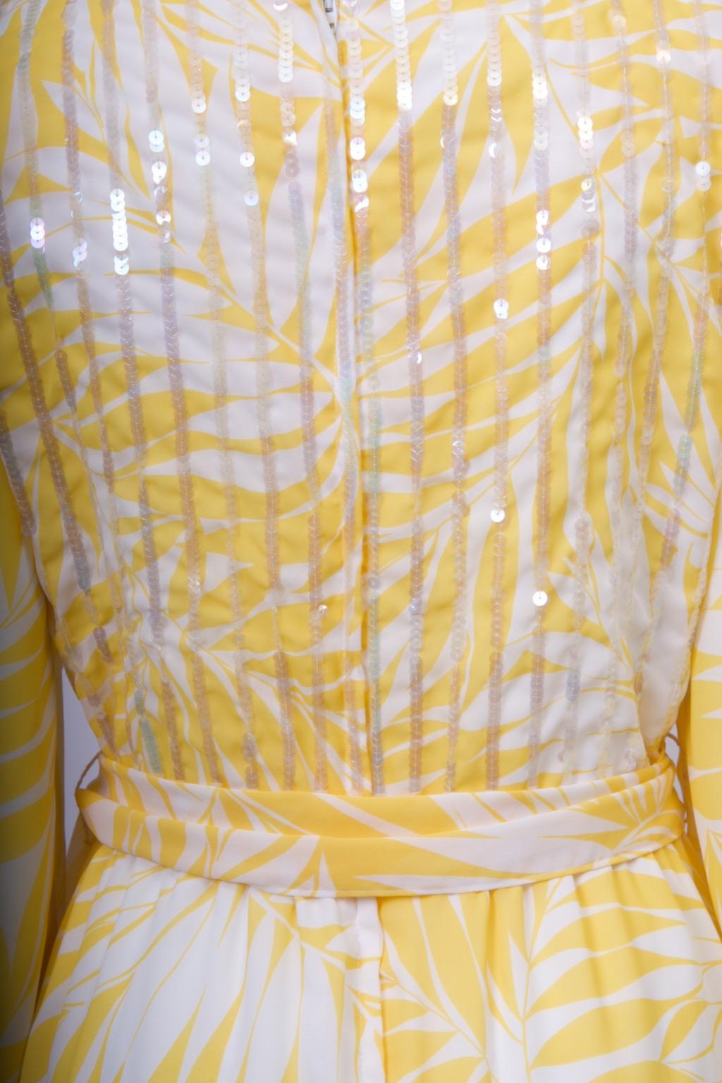 Women's Yellow Print Chiffon Dress with Sequins For Sale