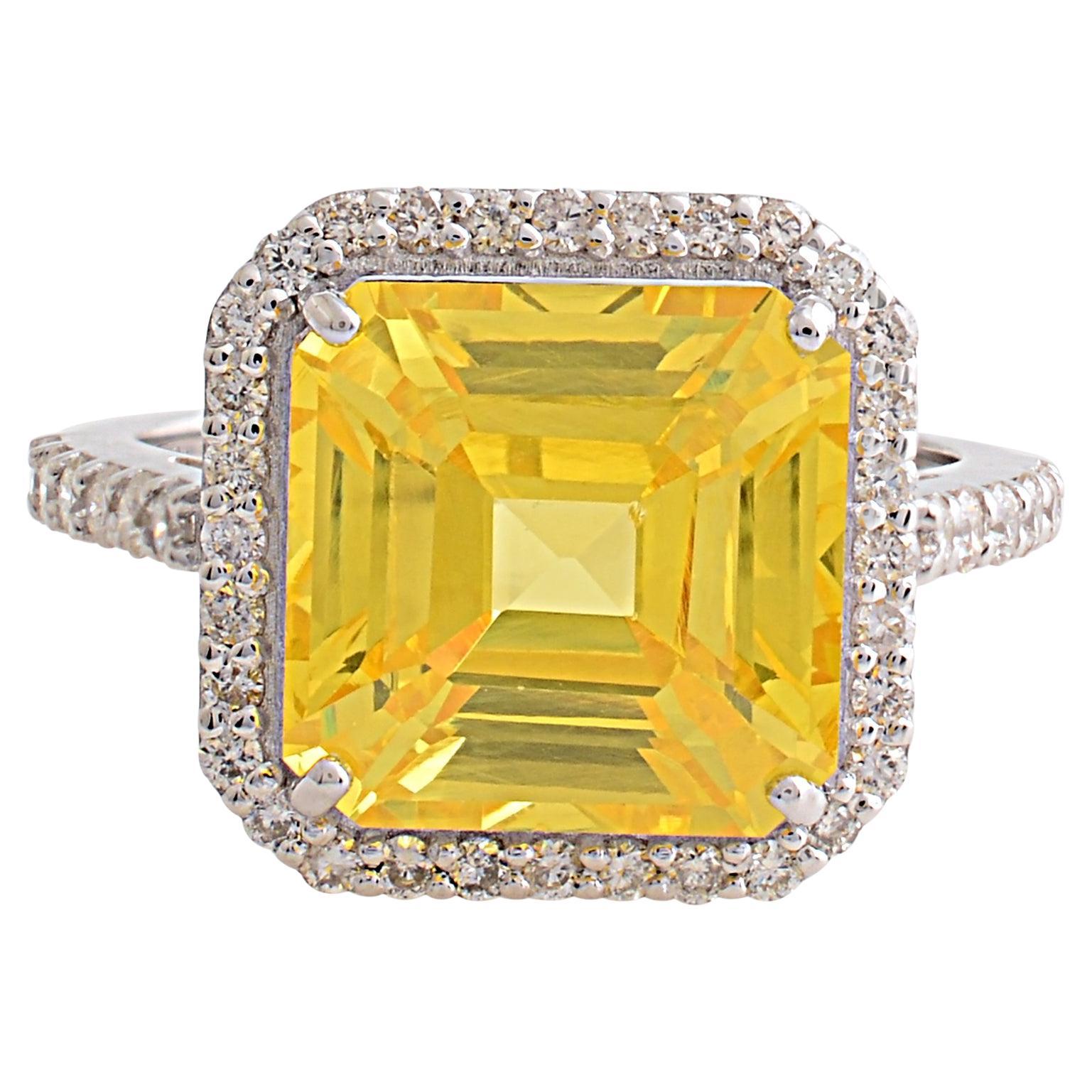 Yellow Processed Gemstone Cocktail Ring Diamond Pave 18k White Gold Fine Jewelry