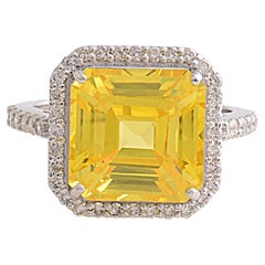Yellow Processed Gemstone Cocktail Ring Diamond Pave 18k White Gold Fine Jewelry