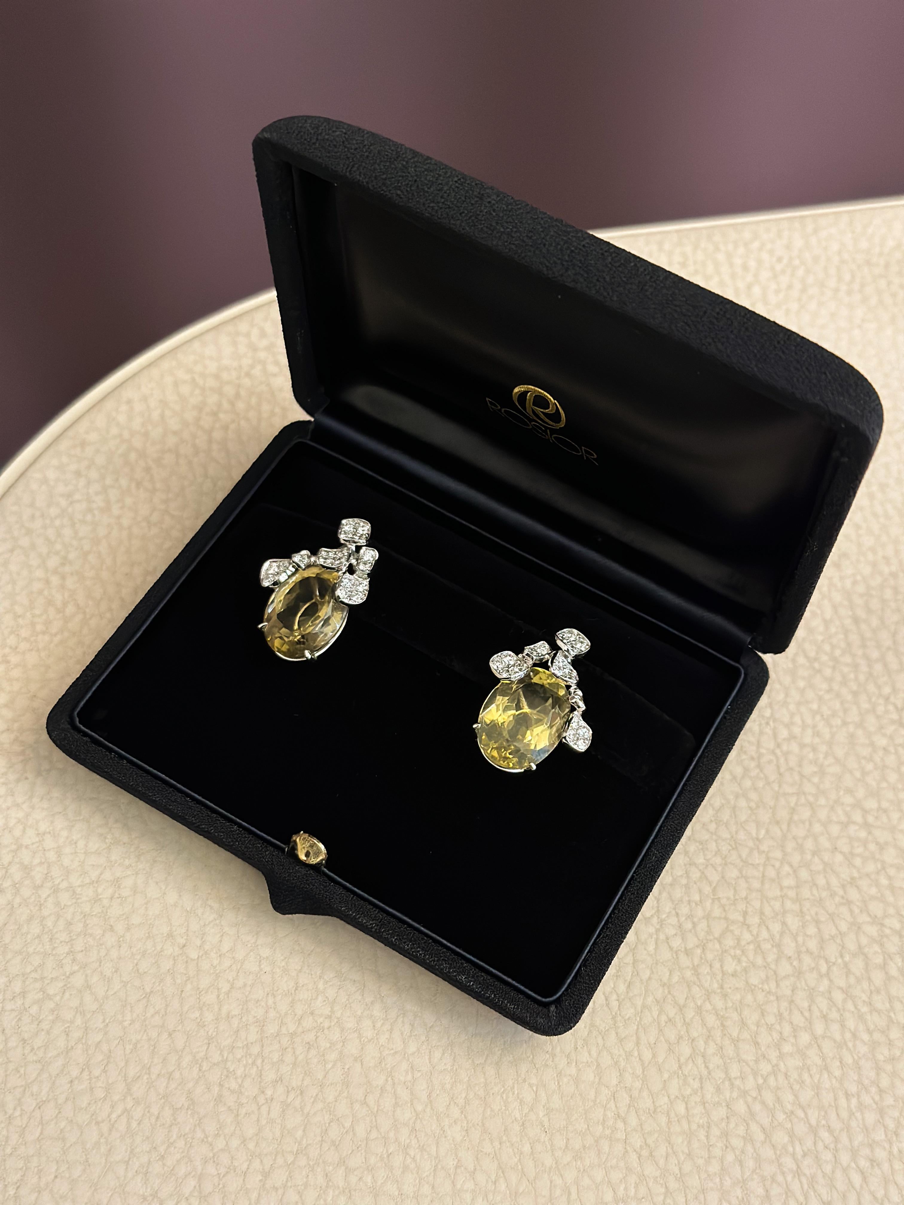 Taille ovale Boucles d'oreilles en or blanc serties de quartz jaune et de diamants en vente