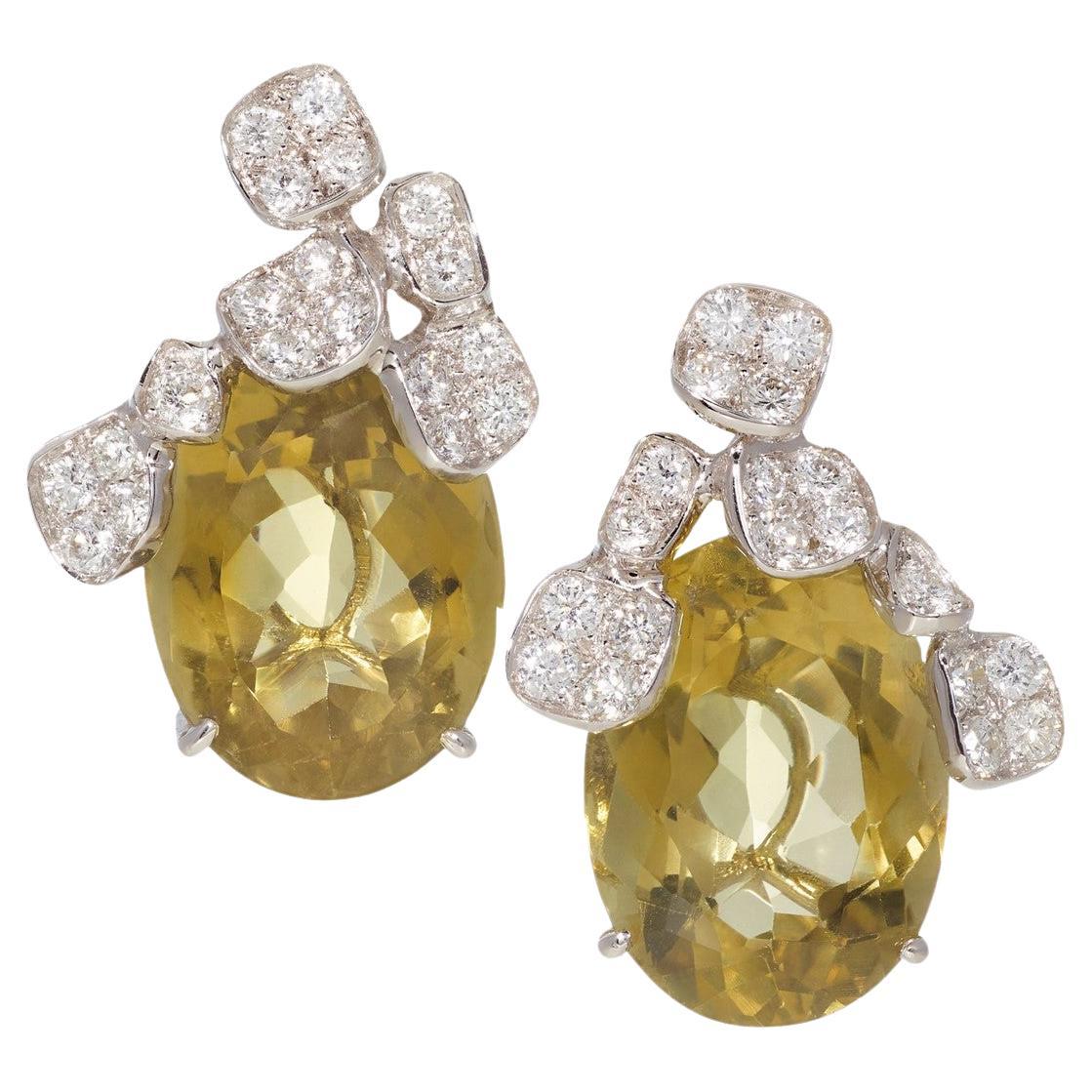 Yellow Quartz and Diamond earrings set in White Gold For Sale