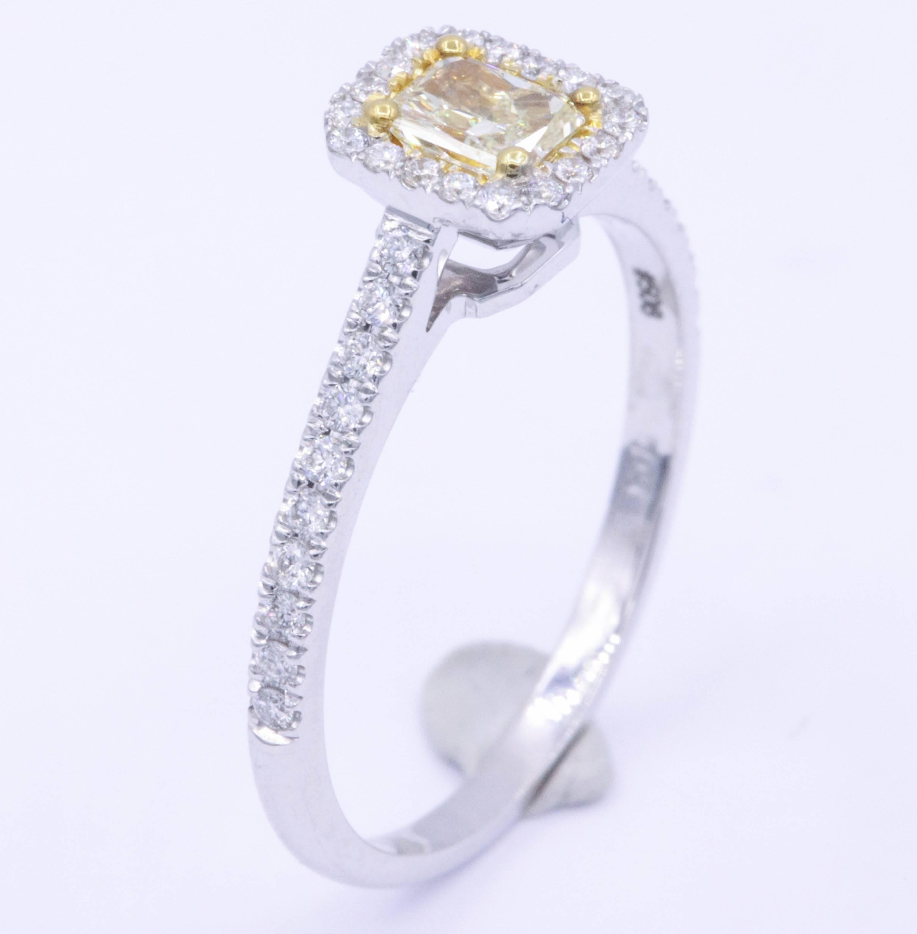 Yellow Radiant Diamond Halo Engagement Ring In New Condition In New York, NY