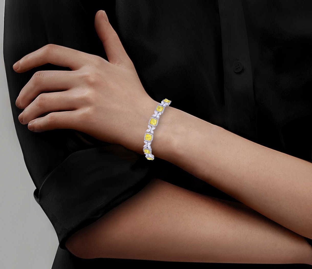 Modern Fancy Yellow Cushion and White Halo Bracelet, 15.06 Carat For Sale