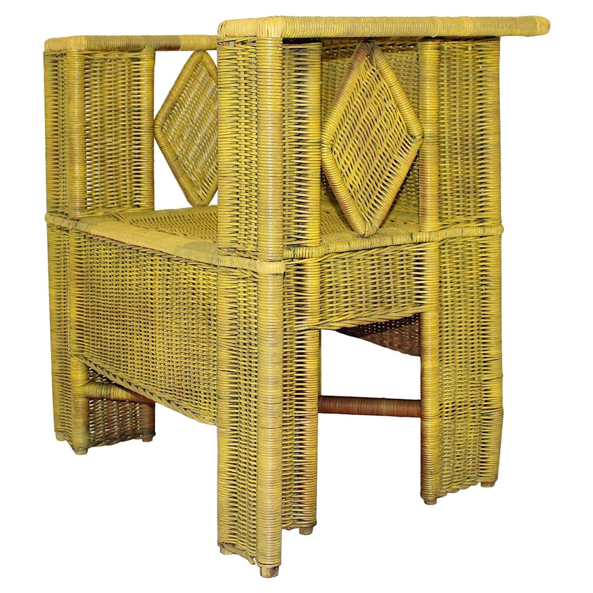 Yellow Rattan Vintage Armchair Circle Josef Hoffmann Attr Prag-Rudniker, c 1908 For Sale