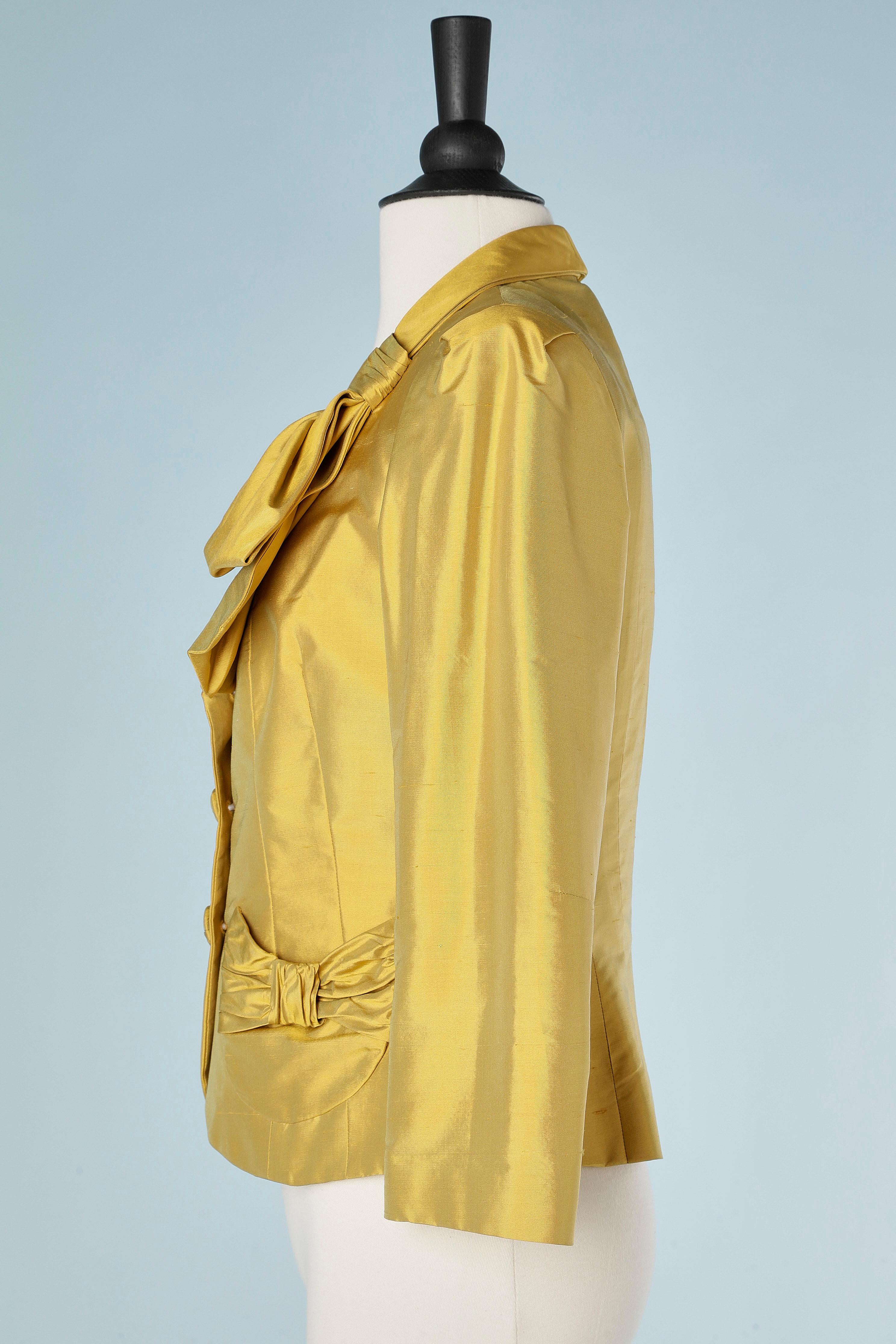 Women's Yellow raw silk cocktail jacket with bow on pocket and collar Luisa Spagnoli  For Sale