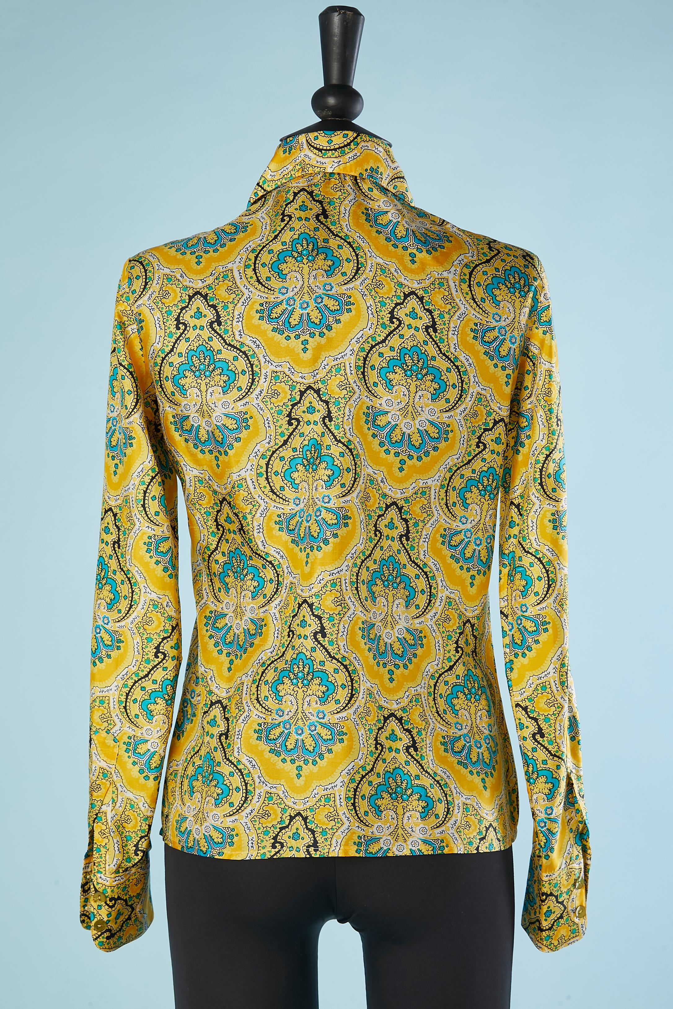 Yellow raw silk shirt with Paisley print Saint Laurent Rive Gauche Circa 1970 For Sale 1
