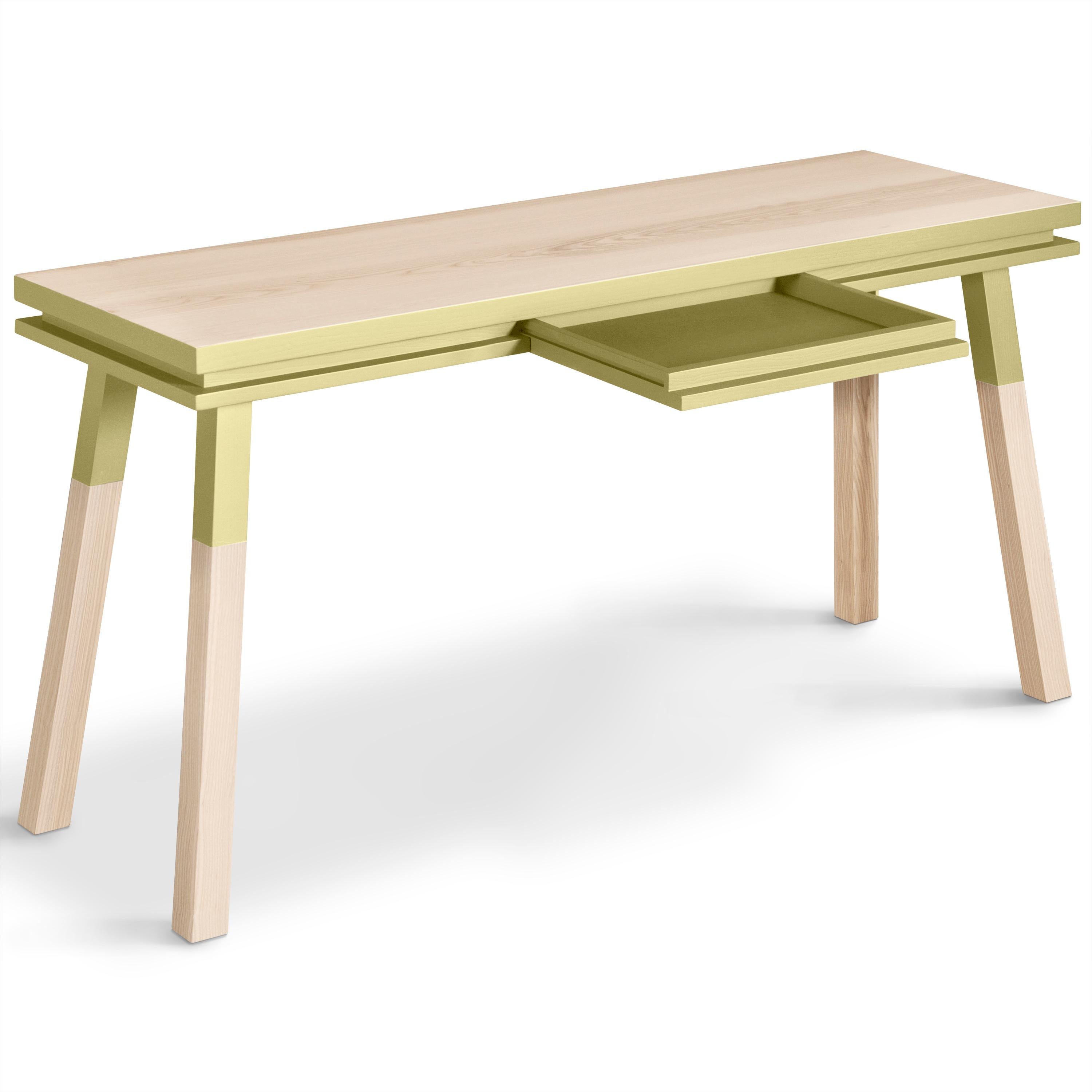 Lacquered Yellow desk writing table in solid wood, scandinavian design by E. Gizard Paris For Sale
