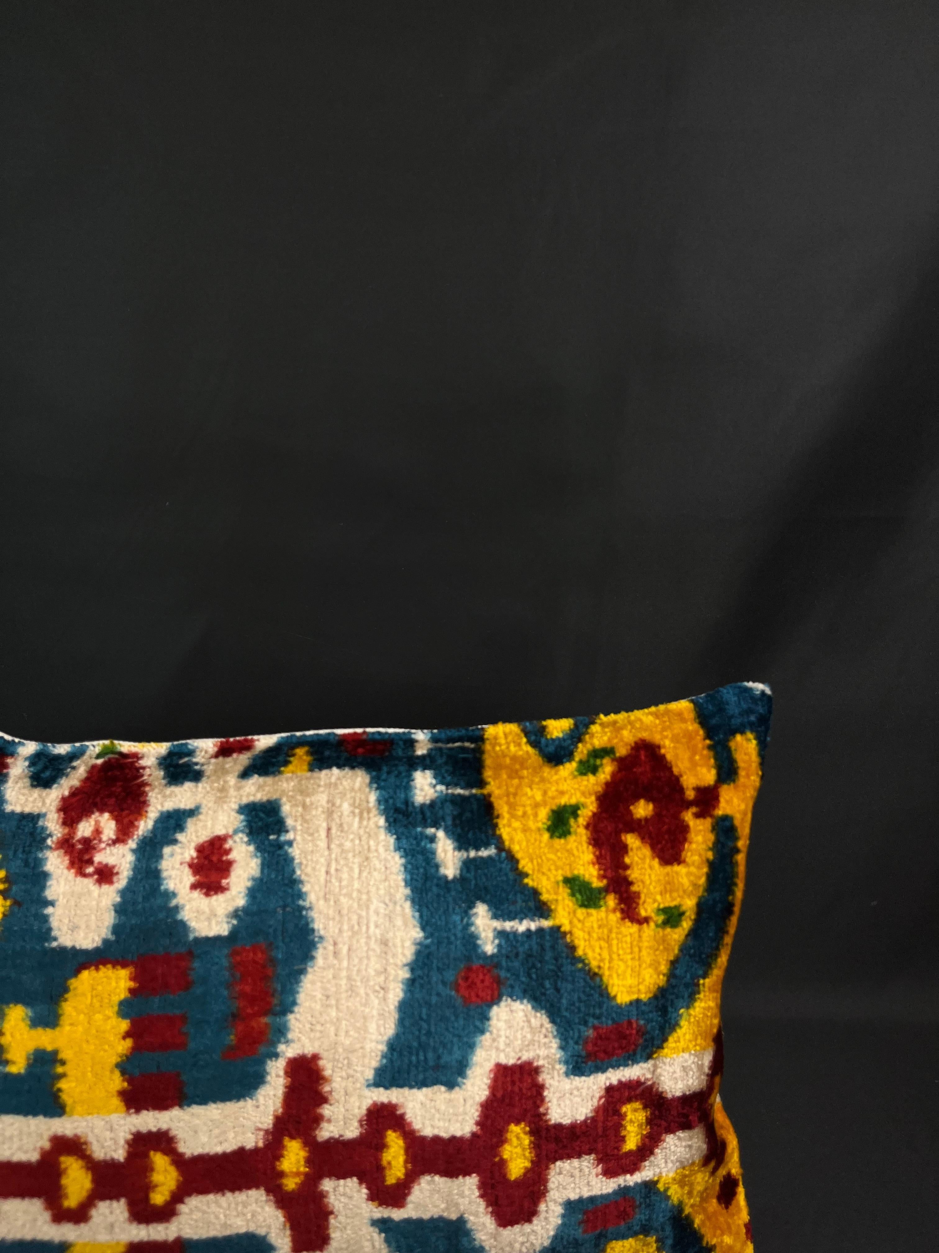 Modern Yellow, Red, and Blue Small Velvet Silk Ikat Pillow Cover