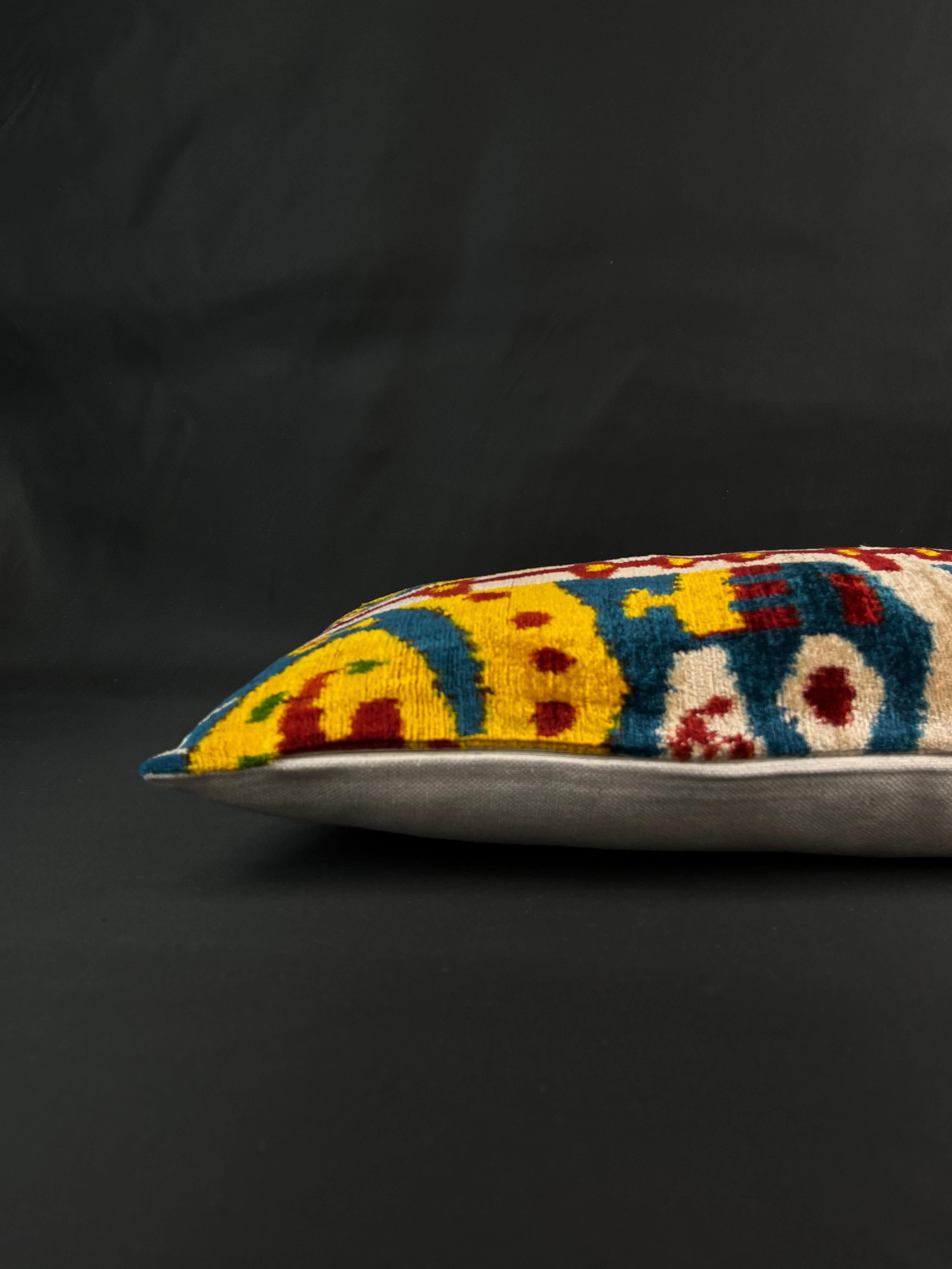 Turkish Yellow, Red, and Blue Small Velvet Silk Ikat Pillow Cover