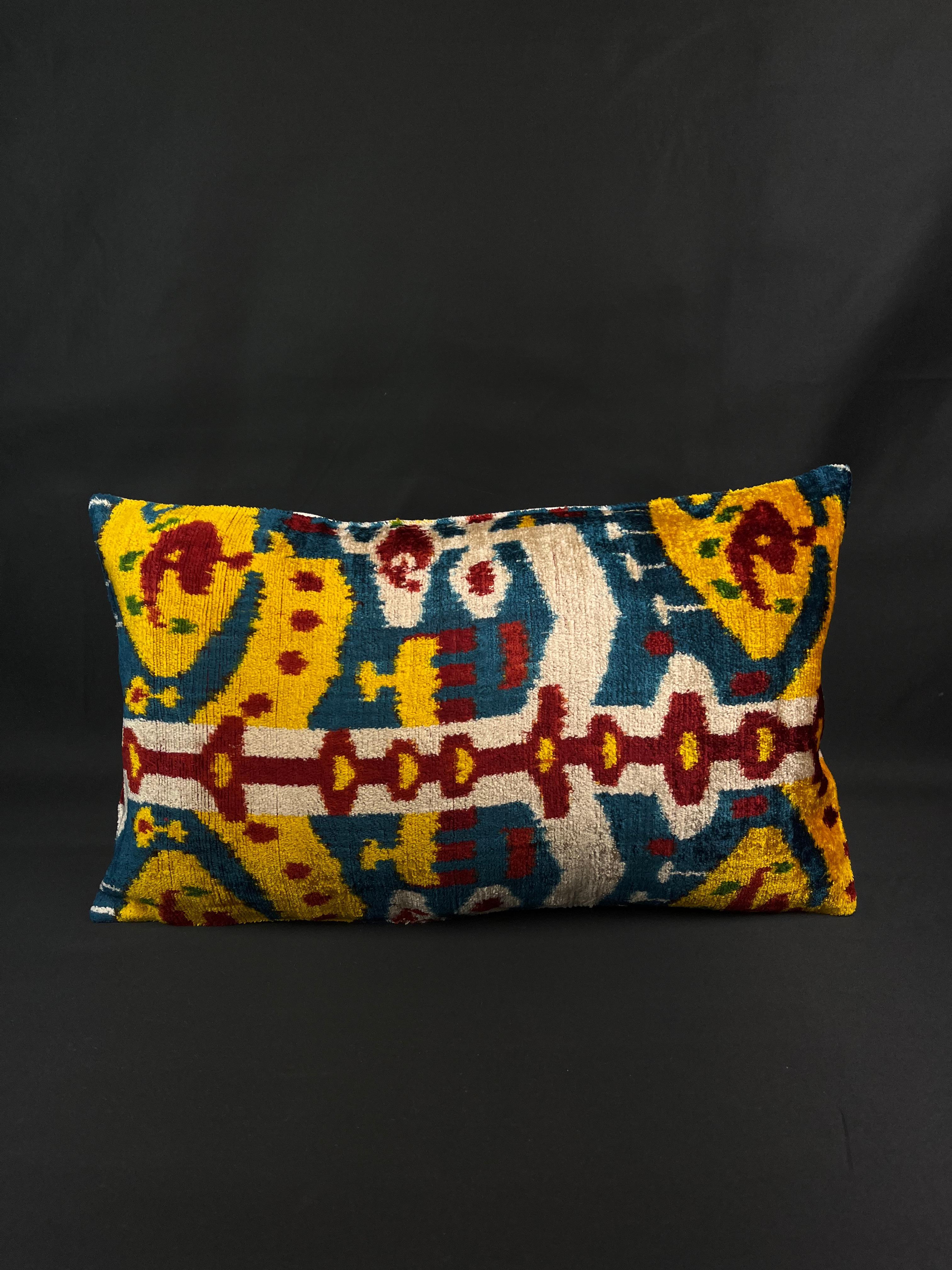 Yellow, Red, and Blue Small Velvet Silk Ikat Pillow Cover In New Condition In Houston, TX