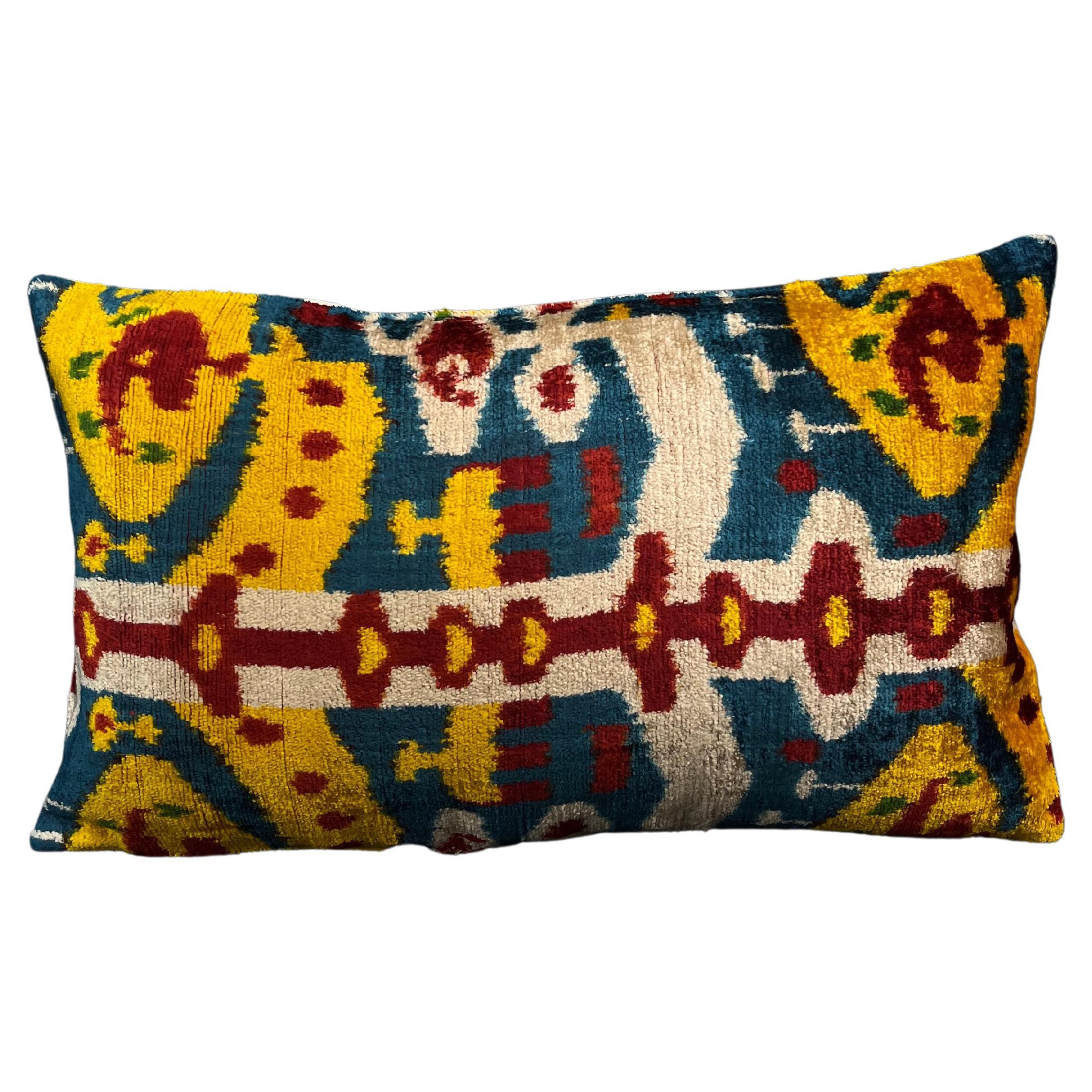 Yellow, Red, and Blue Small Velvet Silk Ikat Pillow Cover